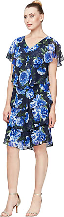 S.L. Fashions Womens Short Sleeve Tiered Chiffon Dress (Missy and Petite), Navy Blue Floral, 10