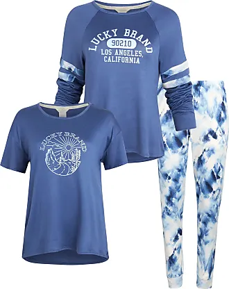Lucky Brand Women's 3 Piece Pajama Set, Tee, Short, and Pant (Blue Tie Dye,  Medium)