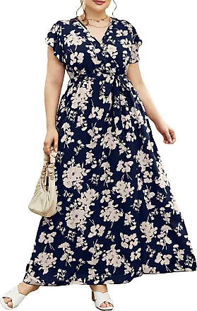 MakeMeChic Women's Plus Size Boho Casual Dress Floral Short Sleeve Shirred  Square Neck Maxi Flomal Dress