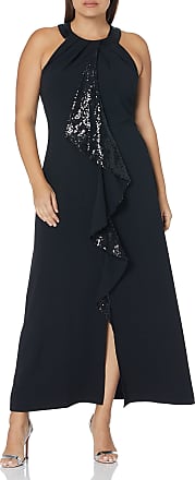 S.L. Fashions Womens Plus Size Long Halter Dress with Cascade Ruffle, Black Sequin, 16W