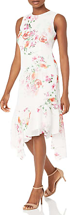 Calvin Klein Womens Printed Summer Dress, Cream/Magenta Multi Midi, 10