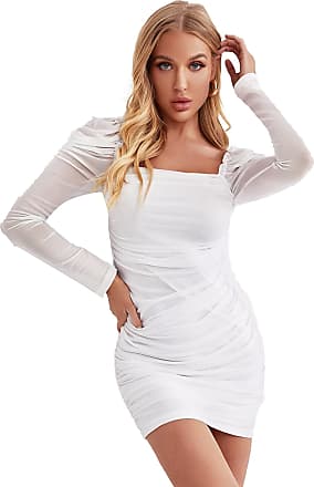Floerns Womens Ruched Sheer Frill Square Neck Long Sleeve Bodycon Mini Dress White XL