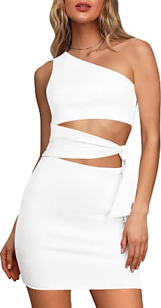Pink Queen Womens Summer One Shoulder Sleeveless Cutout Ribbed Bodycon Party Club Mini Short Dresses White M