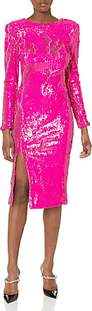 Dress The Population Womens Natalie Long Sleeve Round Neck Front Side Slit Bodycon MIDI Dress, HOT Pink, X-Small