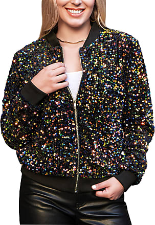 Anna-Kaci Womens Sequin Long Sleeve Front Zip Jacket with Ribbed