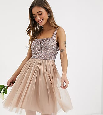 Maya Bridesmaid contrast delicate sequin square neck mini prom skater dress in taupe blush-Pink