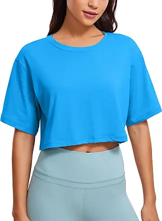 Womens Pima Cotton Workout Crop Tops Short Sleeve Yoga  Shirts Casual Athletic Running T-Shirts Blue Color Large