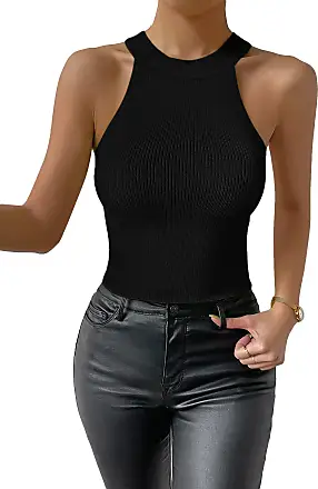 SOLY HUX Women's PU Leather Sleeveless Mock Neck Skinny Bodysuit Tank Top :  : Clothing, Shoes & Accessories