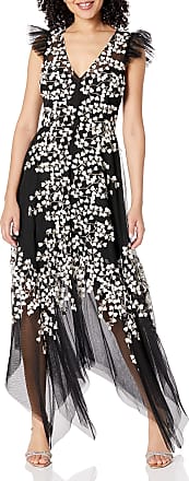 Bcbgmaxazria womens Fit and Flare Evening Gown With Flutter Sleeve Ruffles Dress, Black Combo, 4 US