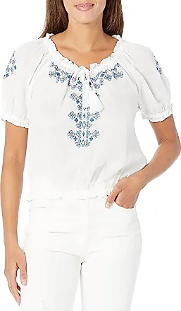 Lucky Brand womens Short Sleeve Tie Neck Embroidered Feminine Blouse,  Bright White, Small US at  Women's Clothing store