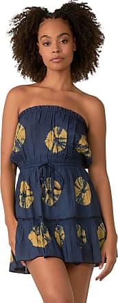 Elan Womens Strapless Ruffled Detailing Dress with an Elasticized Waist-Line (Navy Gold TD Batik, Medium)