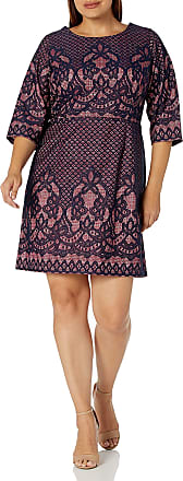 Gabby Skye Womens Plus Size 3/4 Sleeve Round Neck Lace Fit & Flare Dress, Navy/Carnation, 16W