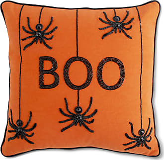 K&K Interiors 42034A 18 Inch Orange Square Beaded Boo Pillow with Spiders 