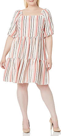 Gabby Skye womens Plus Size Gabby Skye Elbow Sleeve Square Neck Stripe Short Crepe Babydoll Dress, Ivory/Coral, 18-19 Plus