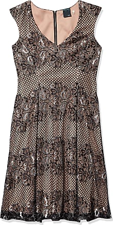 Gabby Skye Womens V-Neck Cap Sleeve Glitter Lace Dress, Black/Silver, 10