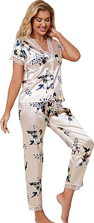 MakeMeChic Women's Floral Satin Sleepwear Notch Collar 2 Piece Pajama Set Plus Size 