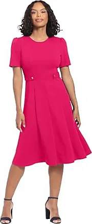 London Times Women's Belted Fit and Flare Pleated Blouson Sleeve Midi Scuba  Crepe Dress Polished Chic Career