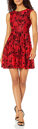 Gabby Skye Womens Cap Sleeve Round Neck Printed Flocked Lace Dress, Red/Black, 10