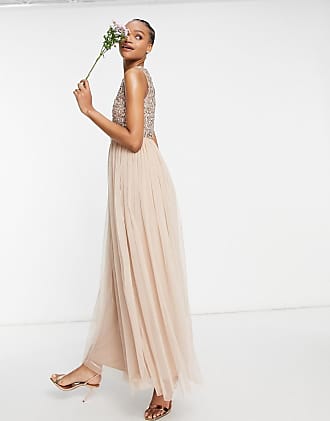 Maya Bridesmaid 2 in 1 maxi tulle dress with tonal delicate sequins in taupe blush-Pink