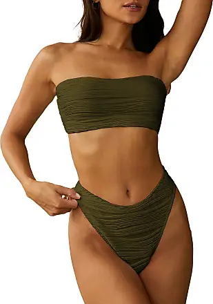 ZAFUL Women's Metal Decor U-wire Tied Back Textured Fabric High Cut  Brazilian Cheeky Bikini Set Two Piece Swimwear In DEEP GREEN