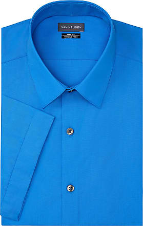Van Heusen Mens Dress Shirt Short Sleeve Slim Fit Poplin, Persian Blue, 15.5 Neck