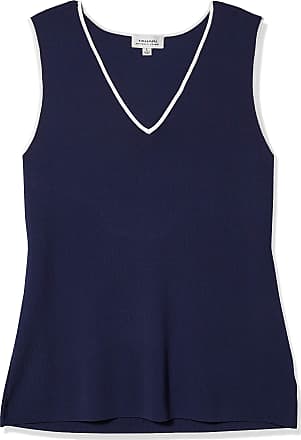 Tahari by ASL Womens V-Neck Sleeveless Sweater with Contrast Tipping, Navy, L