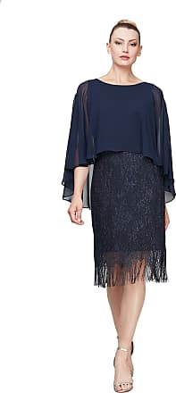 S.L. Fashions Womens Metallic Crochet Dress-Discontinued, Navy/Silver Fringe, 10