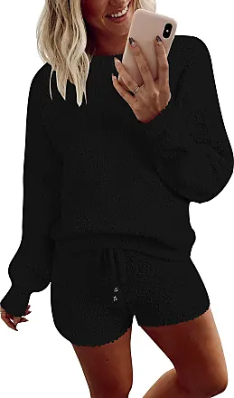 MEROKEETY Women's 2023 Winter Fuzzy Fleece Solid Long Sleeve Pajama Set 2  Piece Sweater Top and