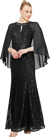 S.L. Fashions Womens Petite Long Sequin Dress with Capelet, Bead Black, 14P