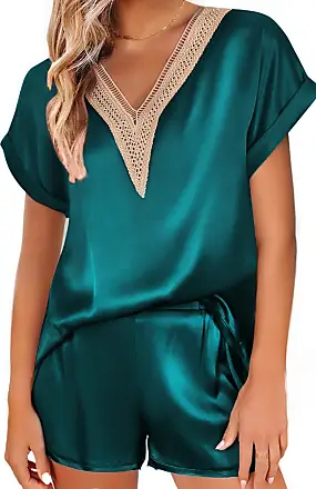 Ekouaer Womens Silky Satin Pajamas Short Sleeve Top with Short Sleeve  Sleepwear Pj Set 2 Piece Loungwear Green S at  Women's Clothing store
