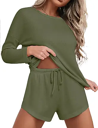 Women's Waffle Knit Pajama Set Long Sleeve Top and Shorts Lounge Sets  Sleepwear Loungewear with Pocket