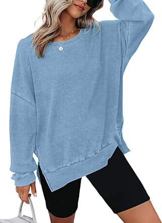 Elegant Fashionable Sweatshirt Oversized Waffle Knit Crewneck Sweatshirts  Women's Pullover Tops with Long Sleeves Side Slits