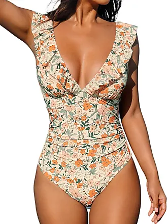 RQYYD Clearance One Piece Swimsuit for Women Bathing Suit High Cut Deep V  Neck Low Back Floral Tummy Control Swimwear(Orange,L)