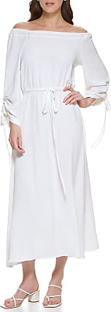 Calvin Klein Womens Sleeveless Dress with Side Pleated Ruffle, Cream, 12