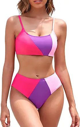 Womens Color Block Ribbed Knit Bikini Set Contrast Trim 2 Piece Swimsuits S- XL