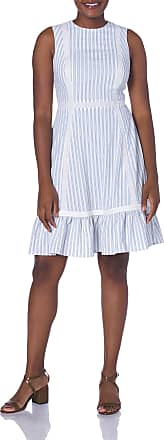 Calvin Klein Womens Sleeveless Novelty Trimming and Flounce Hem Dress, White/Blue, 12