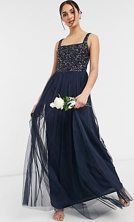 Maya Bridesmaid sleeveless square neck maxi tulle dress with tonal delicate sequin overlay in navy