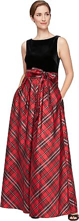 S.L. Fashions Womens Long Satin Party Dress 3/4 Sleeve and Sleeveless has Pockets, Black Red Plaid, 18