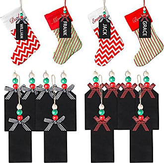 Christmas Stocking Tags Set of 6 Name Ornaments Made of Wood Personalised  Farmhouse Stocking Tag with Buffalo Ribbon and Wooden Beads DIY Wooden  Hanging Tags for Christmas Stockings