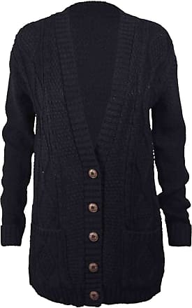 Fashion Valley Womens Long Sleeve Chunky Cable Knitted Button Ladies Grandad Long Cardigan M/L UK 12-14, Black
