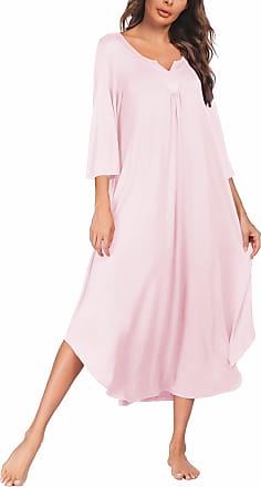 Ekouaer Women's Sleepwear 3/4 Sleeve Satin Nightgowns V-Neck Button Down Nightwear Lace Trim Boyfriend Nightshirt 