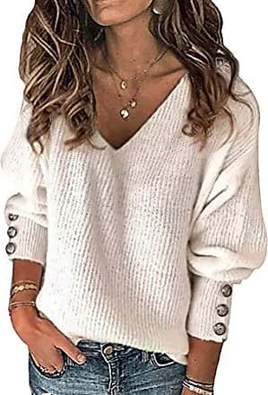 Tomwell Pull Femmes Décontracté Col V Manches Longues Pullover Couleur Unie Ample Sweater Chaud Tricoté Hauts Mode Plume Évider Chandail Tops T-Shirt Hiver