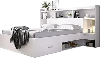 Lit avec tête de lit rangements et tiroirs 140 x 190 cm - Blanc + Sommier +  Matelas - EUGENE