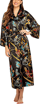 FINEJO Women Kimono Robe Silk Lightweight Long Robes Satin Bathrobe Soft Sleepwear V-Neck Ladies Loungewear S-XXL 
