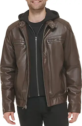 Black Men's leather Jacket Band Neck Collar Front Zipper Pockets By Br