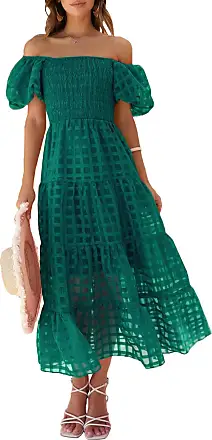 Women's Casual Summer Midi Dress Puffy Short Sleeve Square Neck Smocked  Tiered Ruffle Dresses 