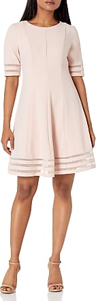 Jessica Howard Womens Elbow Sleeve Seamed Fit and Flare Dress with Illusion Bands, Pink, 14 Petite