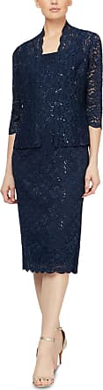 S.L. Fashions Womens Tea Length Sequin Lace Dress with Illusion Sleeve Jacket, Navy, 18