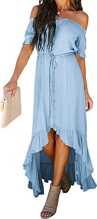 Dokotoo Womens Ladies Elegant Sexy Off The Shoulder Casual Short Sleeve Button Down Maxi Midi Long Dress High Low Solid Cocktail Easter Party Dresses Sky Blue