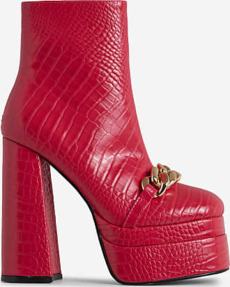 EGO Roxy Chain Detail Statement Platform Block Heel Ankle Boot In Pink Croc Print Patent, Pink
